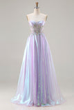 Glitter Purple A Line Strapless Beaded Corset Long Prom Dress