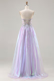 Glitter Purple A Line Strapless Beaded Corset Long Prom Dress