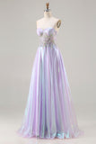 Glitter Purple A Line Strapless Beaded Corset Long Prom Dress