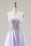 Glitter Purple A Line Strapless Beaded Corset Long Prom Dress