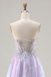 Glitter Purple A Line Strapless Beaded Corset Long Prom Dress