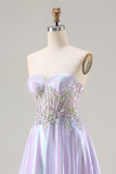 Glitter Purple A Line Strapless Beaded Corset Long Prom Dress
