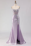 Light Purple Mermaid Strapless Beaded Corset Ruched Long Prom Dress with Slit