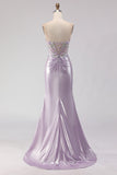 Light Purple Mermaid Strapless Beaded Corset Ruched Long Prom Dress with Slit