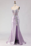 Light Purple Mermaid Strapless Beaded Corset Ruched Long Prom Dress with Slit