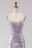 Light Purple Mermaid Strapless Beaded Corset Ruched Long Prom Dress with Slit