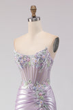 Light Purple Mermaid Strapless Beaded Corset Ruched Long Prom Dress with Slit