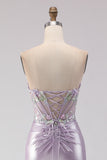 Light Purple Mermaid Strapless Beaded Corset Ruched Long Prom Dress with Slit