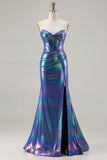 Metallic Navy Sweetheart Corset Mermaid Ruched Long Prom Dress with Slit
