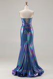 Metallic Navy Sweetheart Corset Mermaid Ruched Long Prom Dress with Slit
