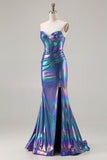 Metallic Navy Sweetheart Corset Mermaid Ruched Long Prom Dress with Slit