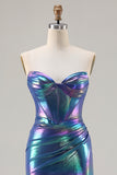 Metallic Navy Sweetheart Corset Mermaid Ruched Long Prom Dress with Slit