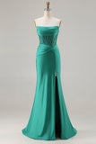 Dark Green Mermaid Beaded Corset Sequin Long Prom Dress with Slit