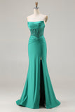 Dark Green Mermaid Beaded Corset Sequin Long Prom Dress with Slit