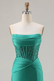 Dark Green Mermaid Beaded Corset Sequin Long Prom Dress with Slit
