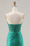 Dark Green Mermaid Beaded Corset Sequin Long Prom Dress with Slit