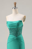 Dark Green Mermaid Beaded Corset Sequin Long Prom Dress with Slit