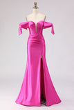 Fuchsia Off the Shoulder Beaded Corset Mermaid Long Prom Dress with Slit