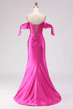 Fuchsia Off the Shoulder Beaded Corset Mermaid Long Prom Dress with Slit