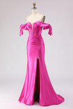 Fuchsia Off the Shoulder Beaded Corset Mermaid Long Prom Dress with Slit