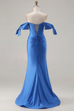 Royal Blue Off the Shoulder Mermaid Corset Beaded Long Prom Dress with Slit