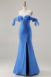 Royal Blue Off the Shoulder Mermaid Corset Beaded Long Prom Dress with Slit