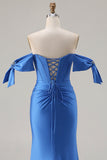 Royal Blue Off the Shoulder Mermaid Corset Beaded Long Prom Dress with Slit