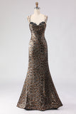 Khaki Leopard Corset Mermaid Spaghetti Straps Long Prom Dress with Lace Up Back