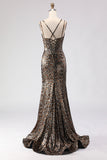 Khaki Leopard Corset Mermaid Spaghetti Straps Long Prom Dress with Lace Up Back