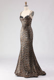 Khaki Leopard Corset Mermaid Spaghetti Straps Long Prom Dress with Lace Up Back