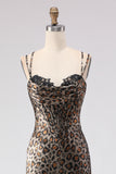 Khaki Leopard Corset Mermaid Spaghetti Straps Long Prom Dress with Lace Up Back