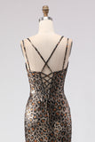 Khaki Leopard Corset Mermaid Spaghetti Straps Long Prom Dress with Lace Up Back