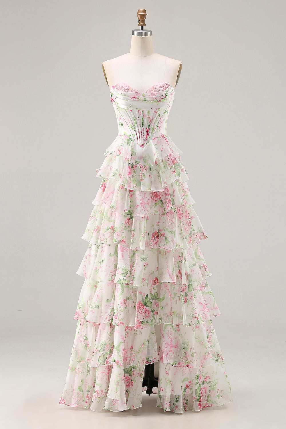 WEDTREND Women Pink Floral Strapless Long Prom Dress with Slit A Line Corset Tiered Ruffle Wedding Guest Dress with Lace Up Back WEDTREND Women Pink Floral Strapless Long Prom Dress with Slit A Line Corset Tiered Ruffle Wedding Guest Dress with Lace Up Back