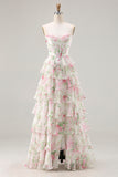 Strapless A Line Pink Floral Corset Tiered Ruffle Long Prom Dress with Slit
