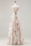 Strapless A Line Pink Floral Corset Tiered Ruffle Long Prom Dress with Slit