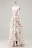 Strapless A Line Pink Floral Corset Tiered Ruffle Long Prom Dress with Slit