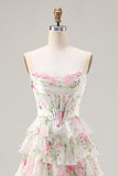 Strapless A Line Pink Floral Corset Tiered Ruffle Long Prom Dress with Slit