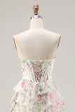 Strapless A Line Pink Floral Corset Tiered Ruffle Long Prom Dress with Slit