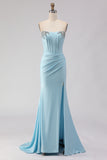 Sky Blue Beaded Mermaid Corset Strapless Long Prom Dress with Slit
