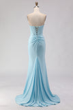 Sky Blue Beaded Mermaid Corset Strapless Long Prom Dress with Slit