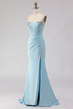 Sky Blue Beaded Mermaid Corset Strapless Long Prom Dress with Slit