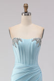 Sky Blue Beaded Mermaid Corset Strapless Long Prom Dress with Slit
