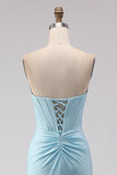 Sky Blue Beaded Mermaid Corset Strapless Long Prom Dress with Slit