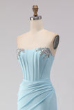 Sky Blue Beaded Mermaid Corset Strapless Long Prom Dress with Slit