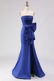 Royal Blue Strapless Mermaid Ruched Long Prom Dress with Large Bow