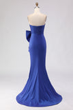 Royal Blue Strapless Mermaid Ruched Long Prom Dress with Large Bow