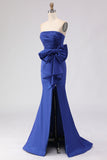Royal Blue Strapless Mermaid Ruched Long Prom Dress with Large Bow