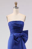 Royal Blue Strapless Mermaid Ruched Long Prom Dress with Large Bow