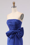 Royal Blue Strapless Mermaid Ruched Long Prom Dress with Large Bow