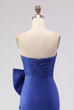 Royal Blue Strapless Mermaid Ruched Long Prom Dress with Large Bow